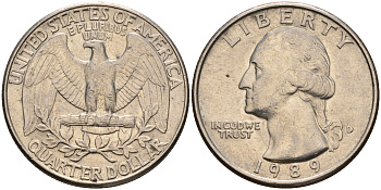 США 25 центов = квотер 1989 Вашингтон, D KM А164а медь плакированная медно-никелем    08-536