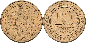 Франция 10 франков 1987 1000 лет первому королю Франции Гуго Капету KM 961 d, Le Franc 371.2 никелированная бронза 4589-713