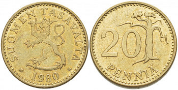 ФИНЛЯНДИЯ 20 ПЕННИ 1980 K KM 47 алюминиевая бронза 3718-647