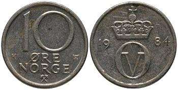 НОРВЕГИЯ 10 ЭРЕ 1984 УЛАФ V KM 416 медно-никель 218-235
