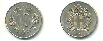 Исландия 10 крон 1967 KM 15 медно-никель 86-913