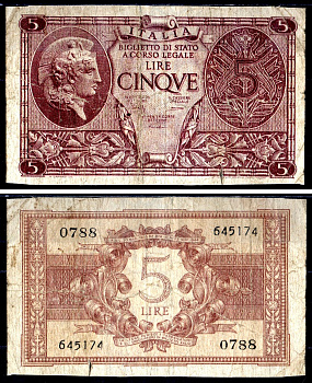 Италия 5 лир 1944 Pick 31 c бумага 7551-6-1-1