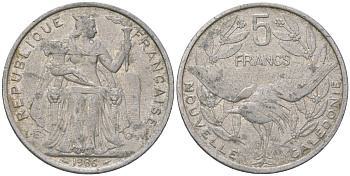 Французская Новая Каледония 5 франков 1986 птица кагу, (IEOM) KM 16, Schoen 12, Lec 76 алюминий 180-1023