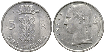Бельгия 5 франков 1974 Belgique KM 134.1 медно-никель    4603-1035
