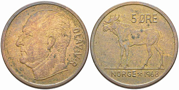 НОРВЕГИЯ 5 ЭРЕ 1968 ЛОСЬ, УЛАФ V (1957-1991) KM 405 бронза 72-1512