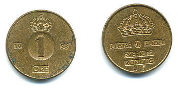 Швеция 1 эре 1958 T;S, Густав VI Адольф (1950-1973) KM 820 бронза 23-957