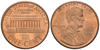 США 1 цент 1997 Авраам Линкольн KM 201b цинк плакированная медью aUNC 220-1166