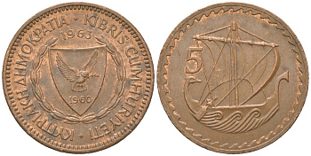 Кипр 5 милей 1963 KM 39 бронза 4364-3725