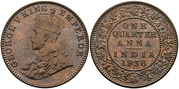 Британская Индия 1/4 анна 1936 Георг V (1910-1936) KM 512 бронза UNC 94-234