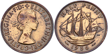 Великобритания 1/2 пенни 1956 Елизавета II (1952-2022) KM 896, Spink 4158 бронза    4153-326