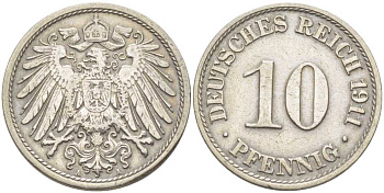 ГЕРМАНИЯ 10 ПФЕННИГОВ 1911 А KM 12, J. 13 медно-никель 210-655