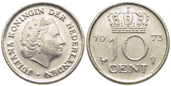 НИДЕРЛАНДЫ 10 ЦЕНТОВ 1973 ЮЛИАНА KM 182 никель 112-347