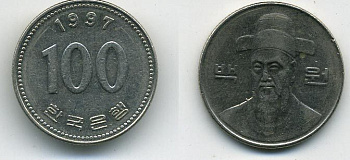 Южная Корея 100 вон 1997 Ли-Сунсин, корейский флотоводец KM 35.2 медно-никель 54-466