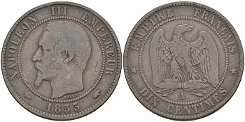 Франция 10 сантимов 1855 A, Наполеон III (1852-1870) KM 771.1, Le Franc 133.18 бронза    4680-512