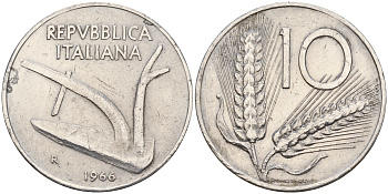 Италия 10 лир 1966 R, плуг KM 93 алюминий 4595-341