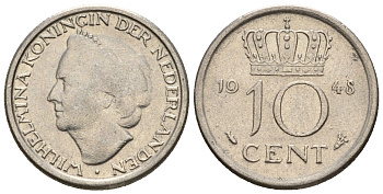 Нидерланды 10 центов 1948 Вильгельмина (1895-1948) KM 177 никель 220-532