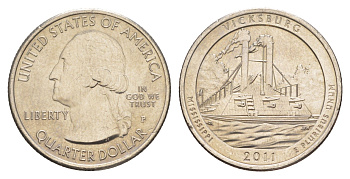 США 25 центов (квотер, 1/4 доллара) 2011 P, Квотеры «Парки США» - Национальный парк Виксбург KM 497 медь плакированная медно-никелем UNC 4638-421