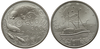 Финляндия 20 евро 2011 защита Балтийского моря, нерпа, сертификат KM 169 a серебро UNC 1066-10-45