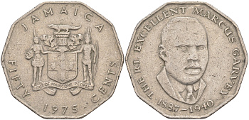 Ямайка 50 центов 1975 МАРКУС ГАРВЕЙ (1887-1940) KM 65 медно-никель 4542-1135