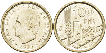 ИСПАНИЯ 100 ПЕСЕТ 1995 FAO, ХУАН КАРЛОС I ( 1975-) KM 950 никель латунь 4185-1022