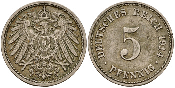 Германия 5 пфеннигов 1914 A J.12, KM 11 медно-никель    4598-1148