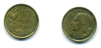 Франция 10 франков 1953 B, петух KM 915.2, Le Franc 363.9 алюминиевая бронза 84-812
