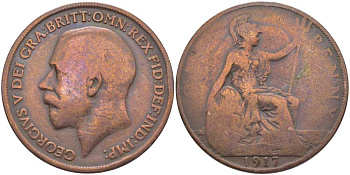 Великобритания 1 пенни 1917 Георг V (1910-1936) KM 810, Spink 4051 бронза 111-1246