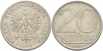 ПОЛЬША 20 ЗЛОТЫХ 1984 MW KM 153.1 медно-никель 213-837