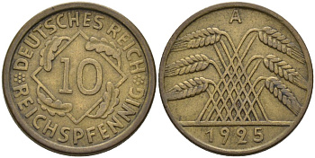 Германия 10 рейхспфеннигов 1925 A KM 40, J.317, Weege 9 алюминиевая бронза 4575-437