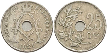 БЕЛЬГИЯ 25 САНТИМОВ 1921 BELGIQUE, АЛЬБЕРТ I (1909-1934) KM 68.1 медно-никель 119-341