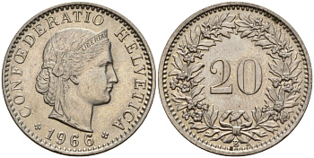 Швейцария 20 раппенов 1966 B KM 29a медно-никель 4187-554