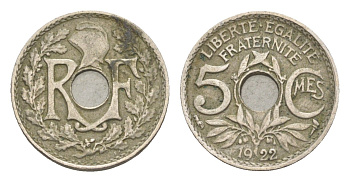 Франция 5 сантимов 1922 KM 875 медно-никель 4174-219