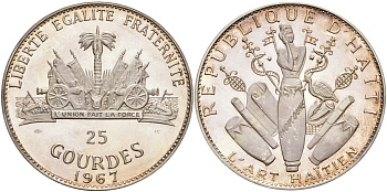 Гаити 25 гурдов 1967 10 лет революции, 155 гр., тираж 4650 экз. KM 67.1 серебро PROOF 1069-4-41