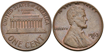 США 1 цент 1963 D, Линкольн KM 201 медь цинк 4564-427