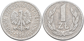 ПОЛЬША 1 ЗЛОТЫЙ 1966 MW KM 49.1 алюминий 106-526