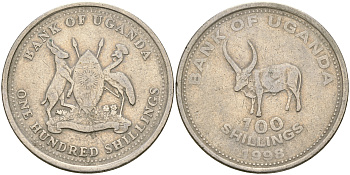 Уганда 100 шиллингов 1998 африканский буйвол KM 67 медно-никель 176-527