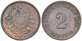 Германия 2 пфеннига 1876 C, старогербовка KM 2, Jager 2, Weege 3 медь 4147-223