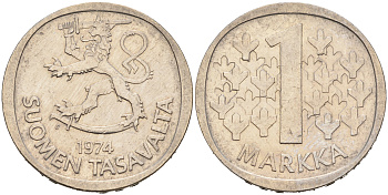 ФИНЛЯНДИЯ 1 МАРКА 1974 S KM 49a медно-никель 4566-437