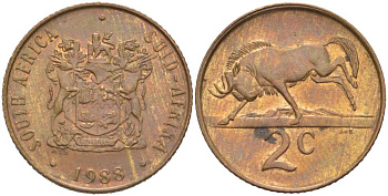 ЮАР 2 цента 1988 герб, антилопа гну KM 83 бронза 217-637