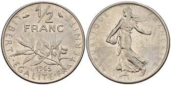 Франция 1/2 франка 1965 сеятель KM 931, Le Franc 198.3 никель 4152-437