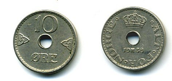 НОРВЕГИЯ 10 ЭРЕ 1938 KM 383 медно-никель 04-1047