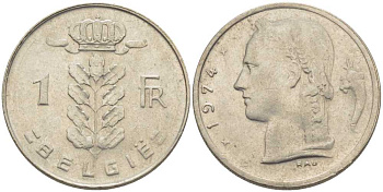 БЕЛЬГИЯ 1 ФРАНК 1974 BELGIE, БОДУЭН I (1951-1993) KM 143.1 медно-никель 119-632