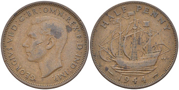 Великобритания 1/2 пенни 1944 Георг VI (1936-1952) KM 844, Spink 4115 бронза 59-1445