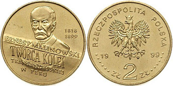 Польша 2 злотых 1999 MW, Ернест Малиновский (1818-1899) KM 358 нордик  UNC 4521-516