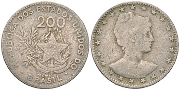 Бразилия 200 реалов 1901 MCMI, голова свободы вправо KM 504 медно-никель 4612-352