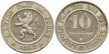 БЕЛЬГИЯ 10 САНТИМОВ 1862 BELGES KM 22 медно-никель 3856-417