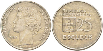 ПОРТУГАЛИЯ 25 ЭСКУДО 1984 KM 607а медно-никель 4521-1235