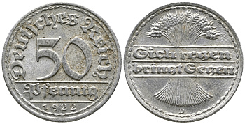 ГЕРМАНИЯ 50 ПФЕННИГОВ 1922 D KM 27, J. 301 алюминий 24-1052