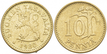 ФИНЛЯНДИЯ 10 ПЕННИ 1980 K KM 46 алюминиевая бронза 3718-136