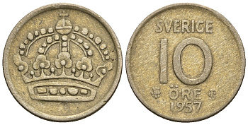 Швеция 10 эре 1957 T;S, Густав VI Адольф (1950-1973) KM 823 серебро 3309-425